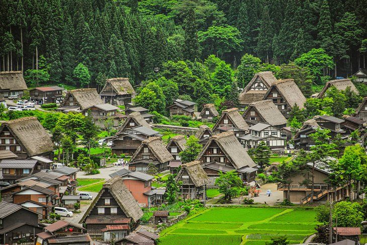 A peaceful rural village surrounded by lush green forests, featuring traditional steep-roofed houses and vibrant rice paddies under a bright, clear sky. 