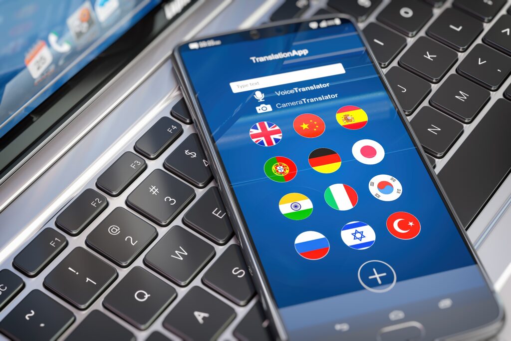 Smartphone with translation app displaying multiple international flags on keyboard—ideal for multilingual travel with Travel Crock