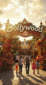Families walking under the Dollywood sign surrounded by flowers and festival decorations during sunset.