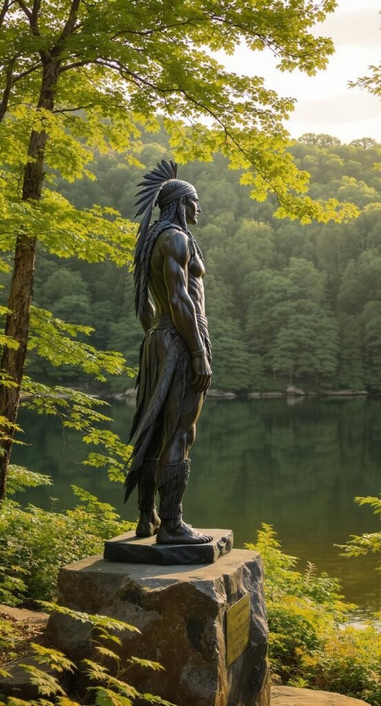 Statue of Sequoyah overlooking Tellico Lake with lush trees and calm waters.