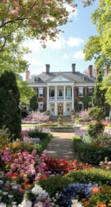 The Hermitage mansion surrounded by spring blooms in Nashville, Tennessee.