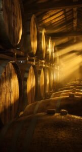 Stacked bourbon barrels in Kentucky rickhouse