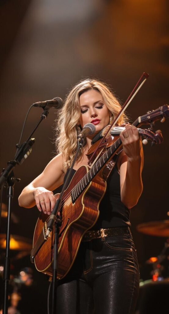 Alison Krauss performing with fiddle under stage lights