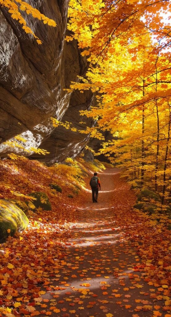 Hiker walking a leaf-covered forest trail in Mammoth Cave National Park in autumn
