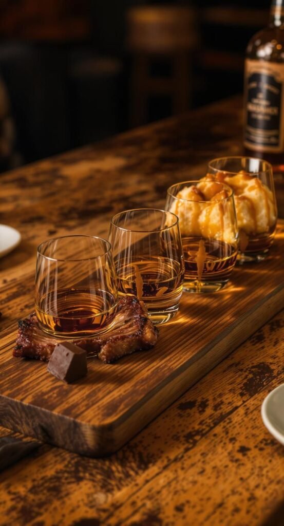 Bourbon flight with chocolate, ribs, and bread pudding