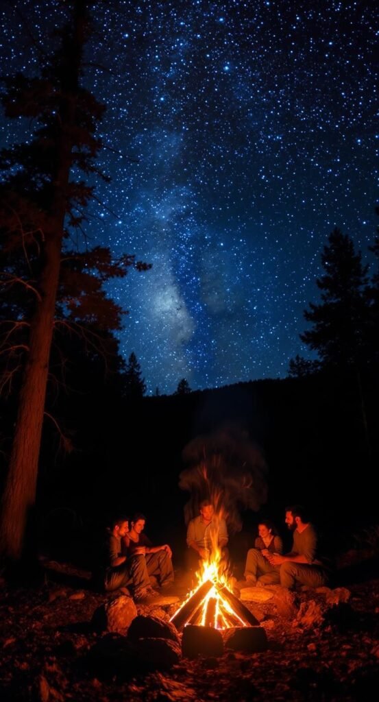 Family sitting around a glowing campfire under a starlit sky at Mammoth Cave National Park