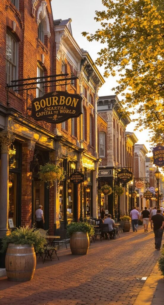 Historic storefronts and bourbon signs in Bardstown, KY