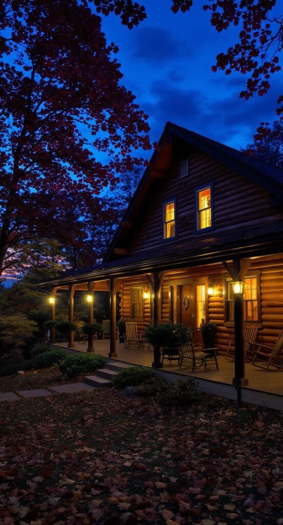 Cozy lodge near Mammoth Cave National Park with porch lights glowing at twilight
