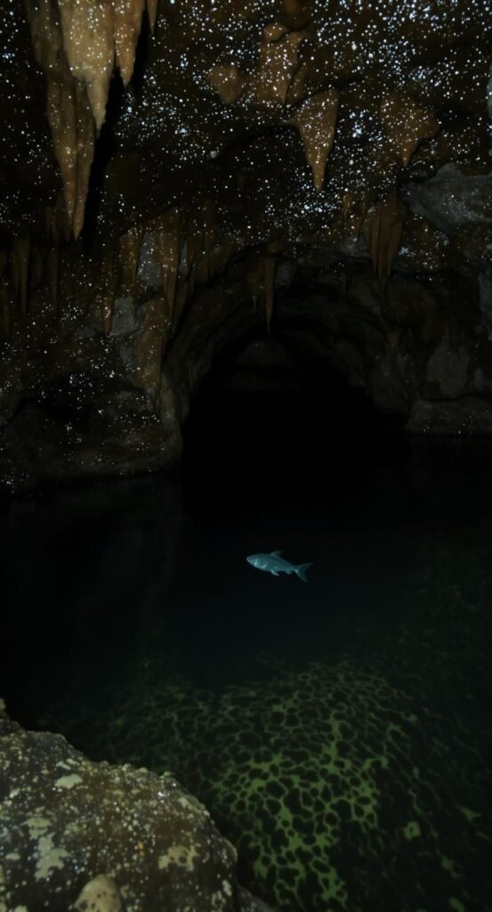 Eyeless cave fish swimming in an underground stream inside Mammoth Cave