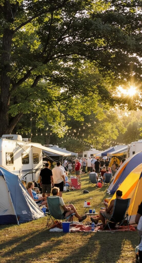 Campers and tents lined up under trees at bluegrass music festival