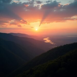 Panoramic view of Tennessee showing the Smoky Mountains, rolling green hills, and Mississippi River delta at sunset.