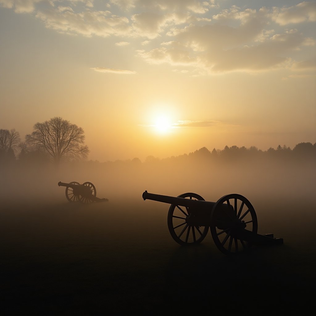 Foggy morning at Shiloh National Military Park with Civil War cannons in silhouette.