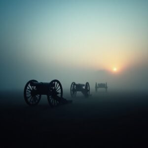 Misty battlefield at Shiloh with cannons in silhouette under a golden sunrise.