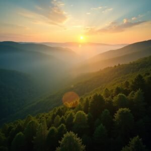 Composite image of Tennessee’s three regions: misty Smoky Mountains, lush rolling hills, and Mississippi River delta at golden hour.