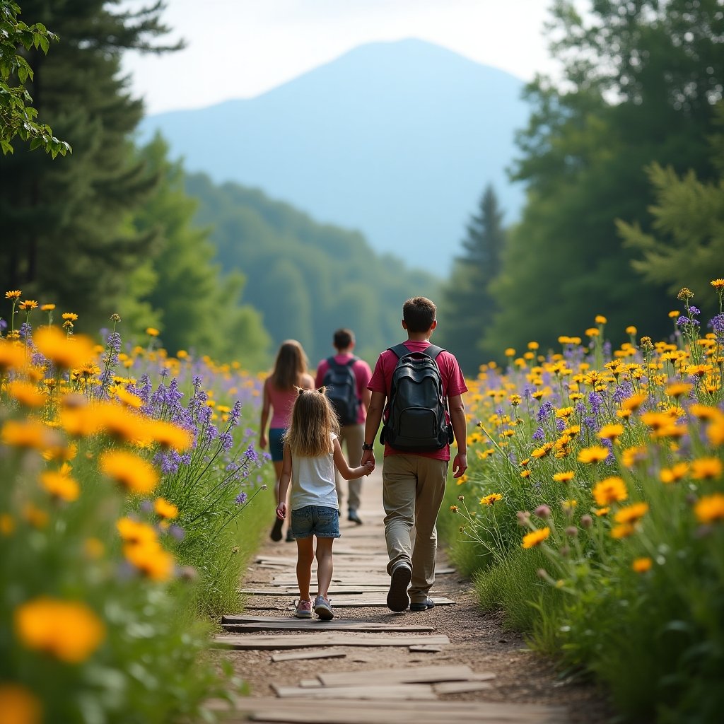 A family hikes along the Alum Cave Trail in the Smoky Mountains, surrounded by blooming wildflowers.