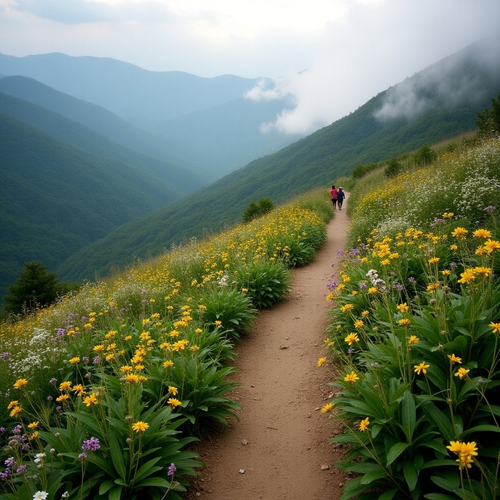 Scenic hiking trail with wildflowers and misty mountains in Great Smoky Mountains National Park.