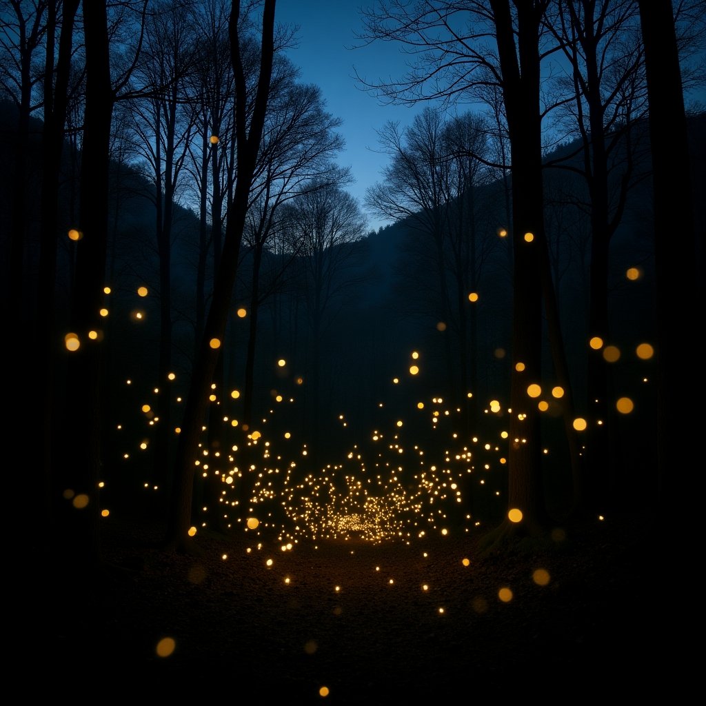 Thousands of fireflies flashing in sync among the trees in the Smoky Mountains at dusk.
