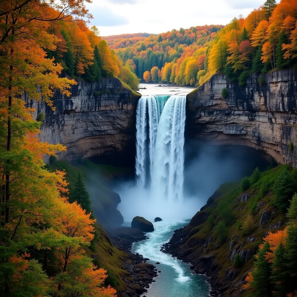 Fall Creek Falls cascading 256 feet into a lush Tennessee gorge with colorful foliage.