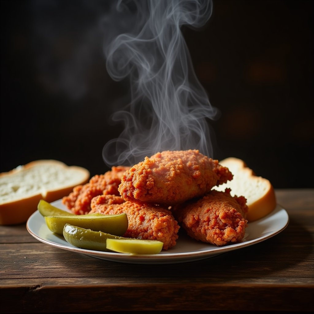 A plate of steaming Nashville hot chicken with pickles and bread on a rustic table.