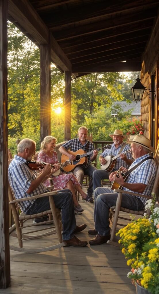 Family playing bluegrass together on a porch