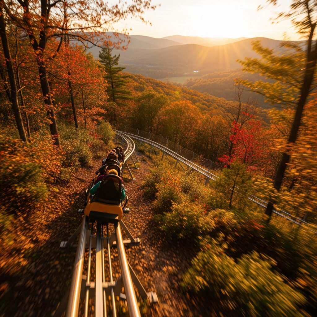 Riders racing down a mountain coaster surrounded by golden autumn forest at sunset.