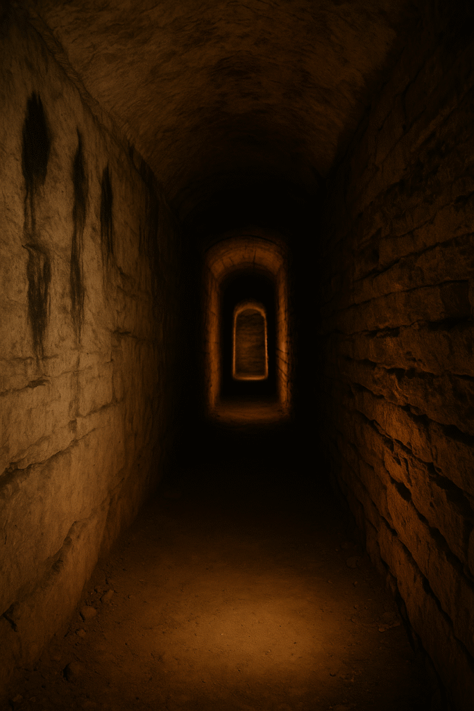 Dimly lit stone tunnel in Mammoth Cave with historic torch marks