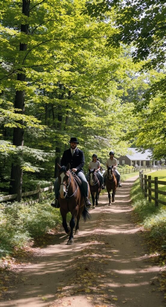 Family riding horses on a wooded trail at Shaker Village