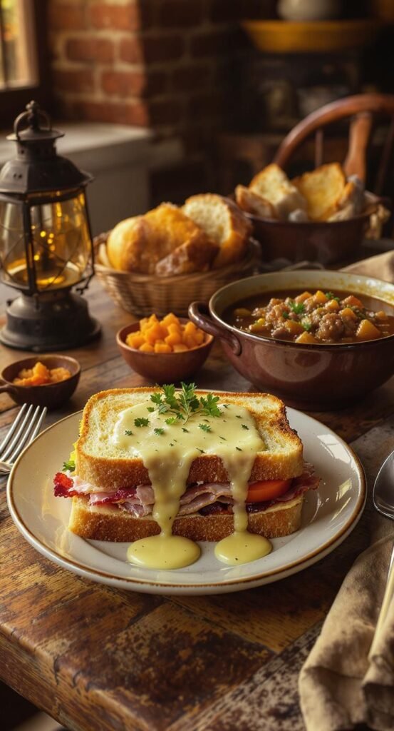 Plate with Hot Brown sandwich and bowl of burgoo on wooden table