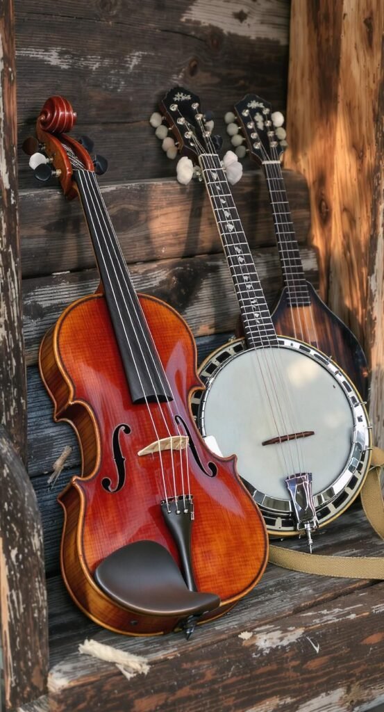 Close-up of fiddle, banjo, and mandolin on wooden porch