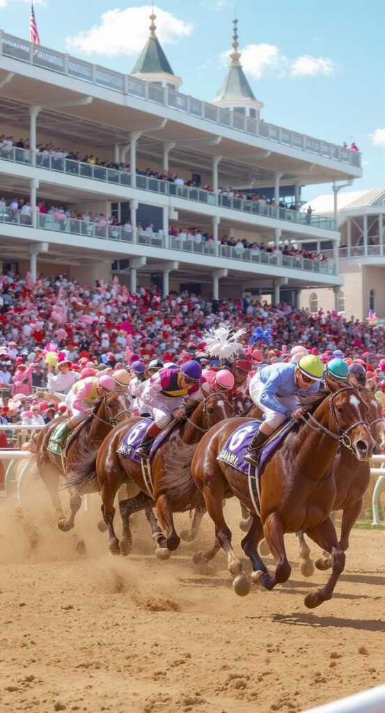 Horse race at full speed during the Kentucky Derby at Churchill Downs