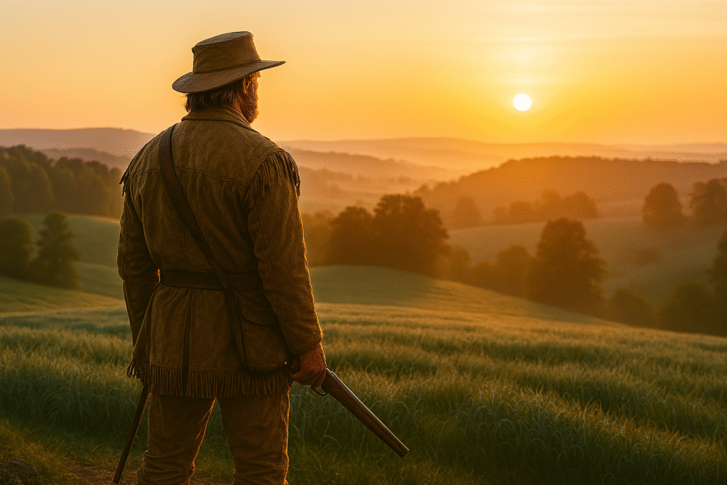 Artistic rendering of early Kentucky frontier with Daniel Boone figure