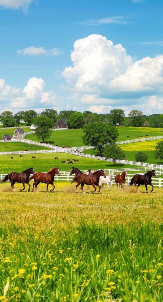 Horses grazing behind white fences in Lexington pasture