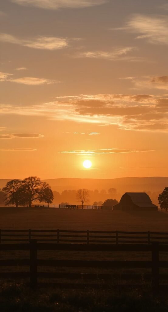 Golden sunset over horse pastures and barns in central Kentucky