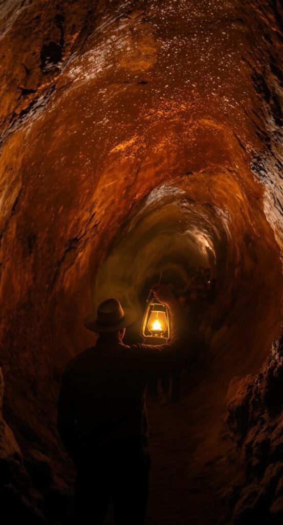 Park ranger guiding a Mammoth Cave tour with lantern lighting the chamber walls