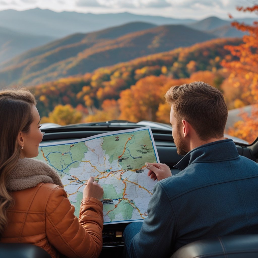 Couple planning their Tennessee route with a paper map at a fall mountain overlook.