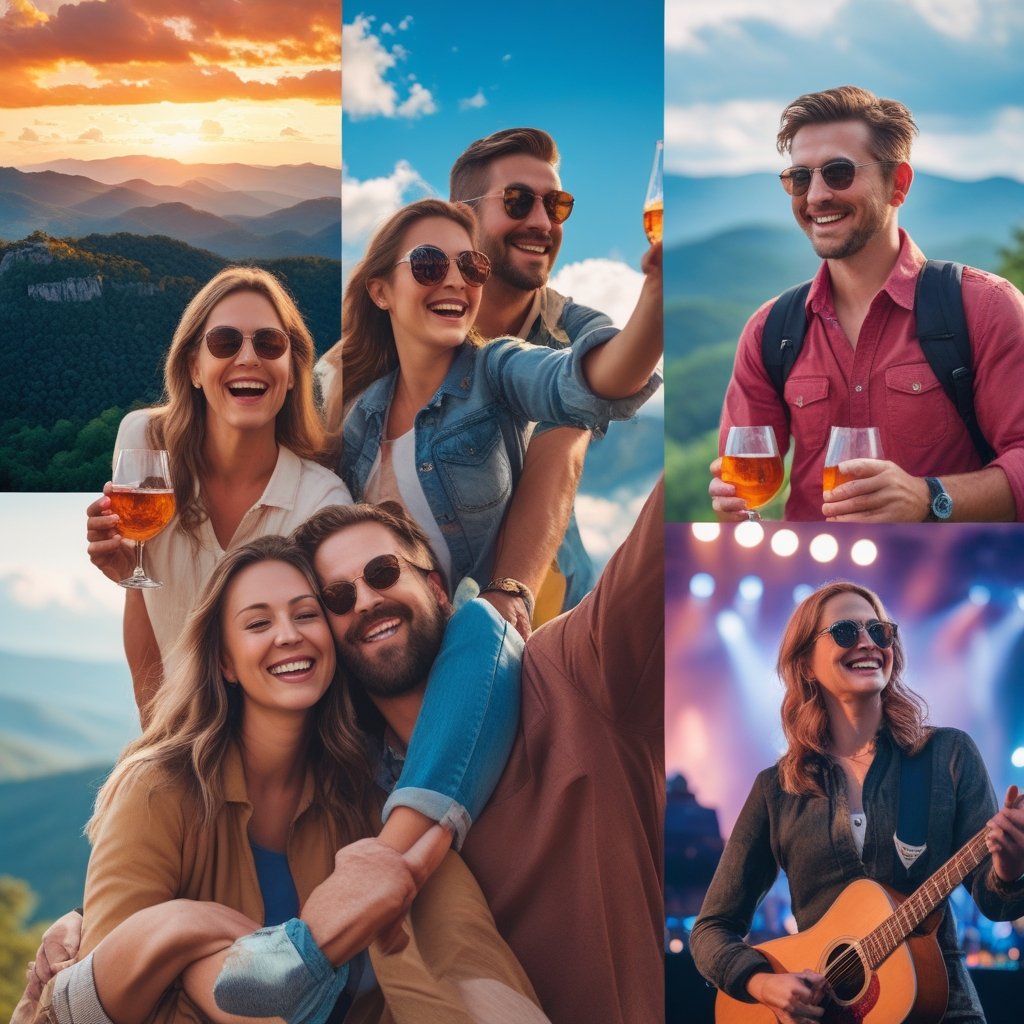 Collage of happy travelers enjoying Tennessee—mountain hikes, music venues, and distillery tastings.