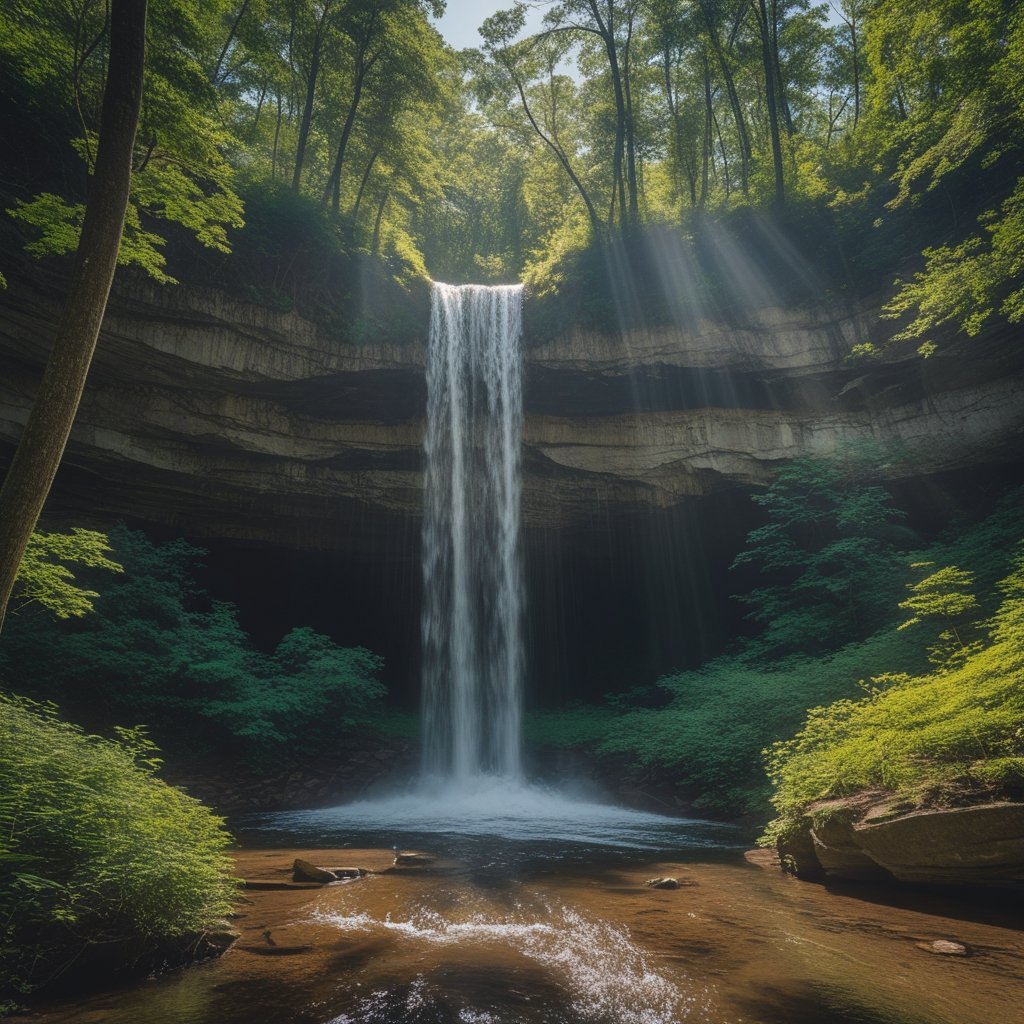 Virgin Falls emerging from a cave and cascading into a lush forest in Sparta, Tennessee.