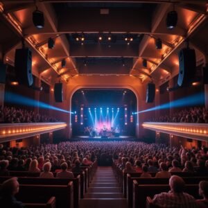 The Ryman Auditorium glowing with lights during a packed live concert