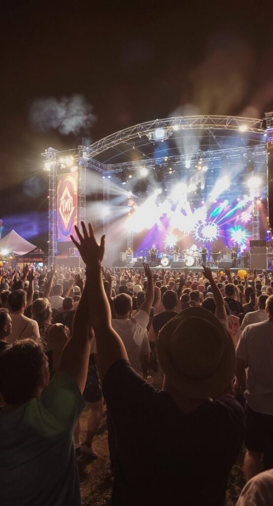 Festivalgoers dancing to live bluegrass music under lights