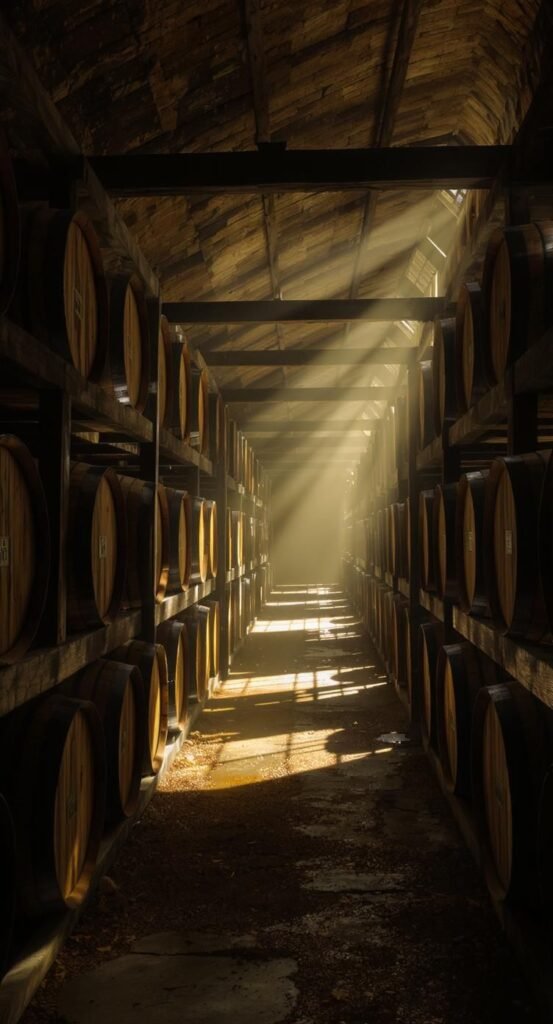 Rows of bourbon barrels in Woodford Reserve distillery