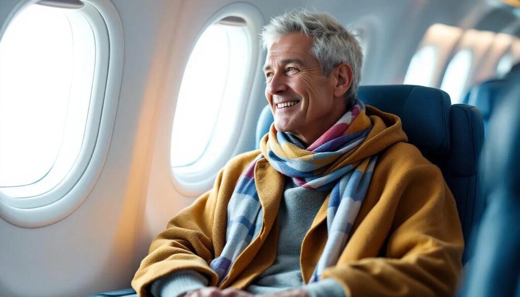Smiling traveler in hoodie and colorful scarf staying warm on a cold airplane—layered comfort essentials for long flights by Travel Crock.