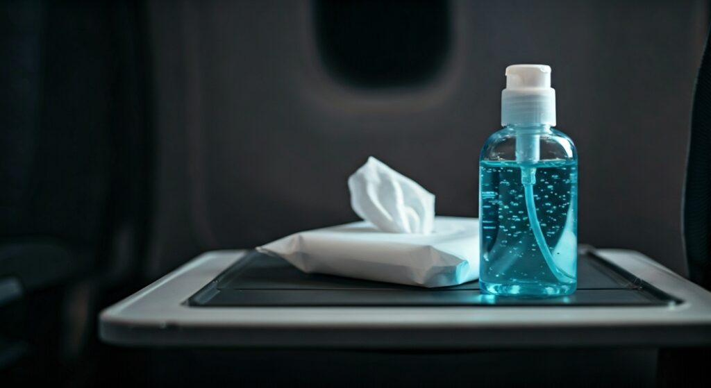 Travel-size hand sanitizer and disinfecting wipes on an airplane tray table—must-have hygiene essentials for flying by Travel Crock.