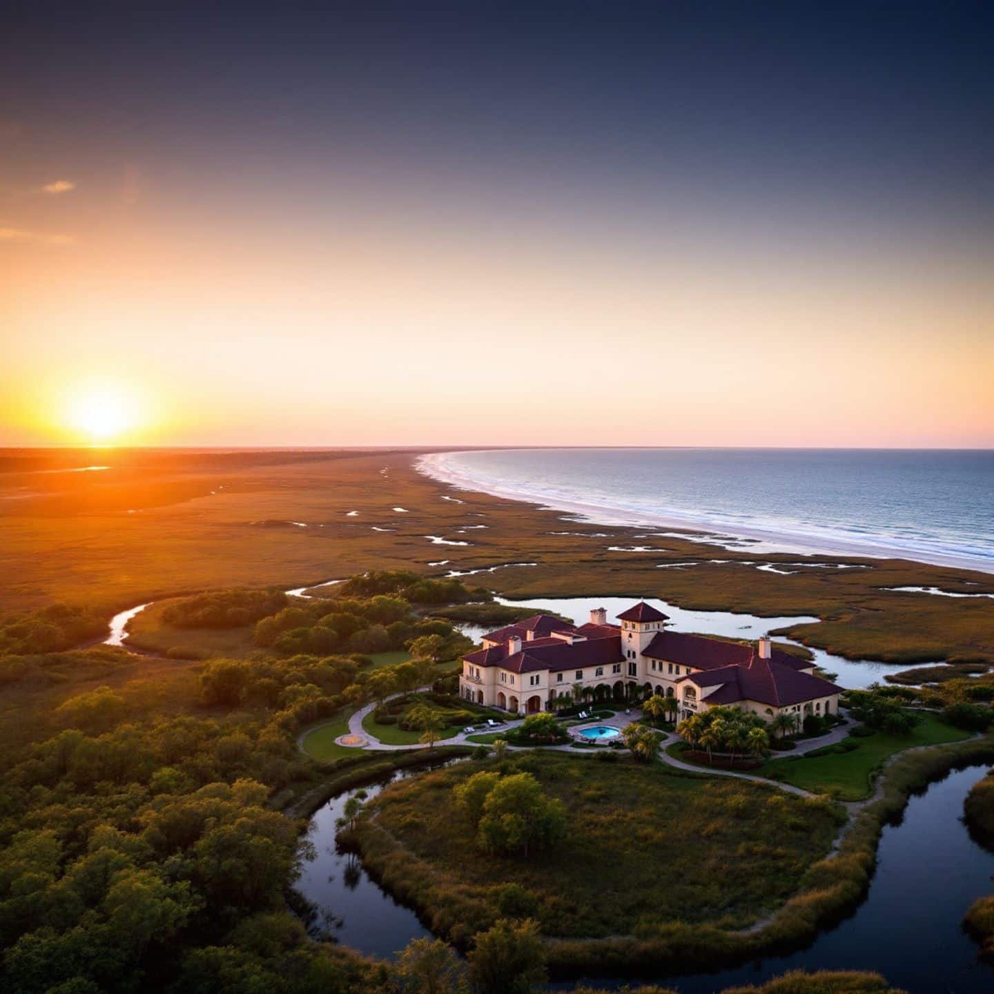 Golden-hour aerial view of The Cloister at Sea Island on Georgia’s coastline